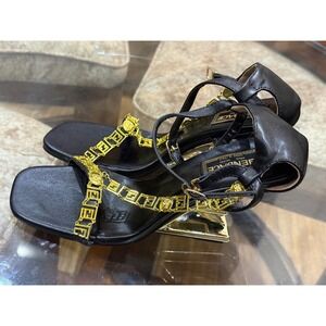 Fendace Fendi x Versace Black Leather Gold Medusa Greek Key T-Strap Heels 39